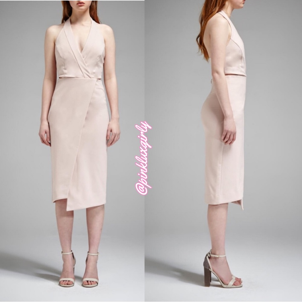Nicholas $293 Ponti Halter Wrap Dress in Pale Pink